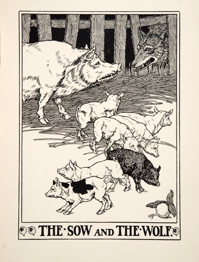 The Sow and the Wolf, fra A Hundred Fables of Aesop, pub.1903 (gravering) av Percy J. Billingshurst