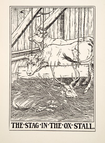 The Stag in the Ox Stall, fra A Hundred Fables of Aesop, pub.1903 (gravering) av Percy J. Billingshurst