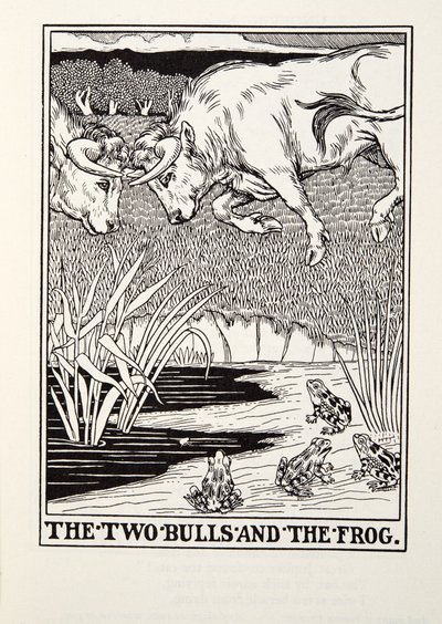 The Two Bulls and the Frog, fra Fontaine Fables, pub. 1905 av Percy J. Billingshurst