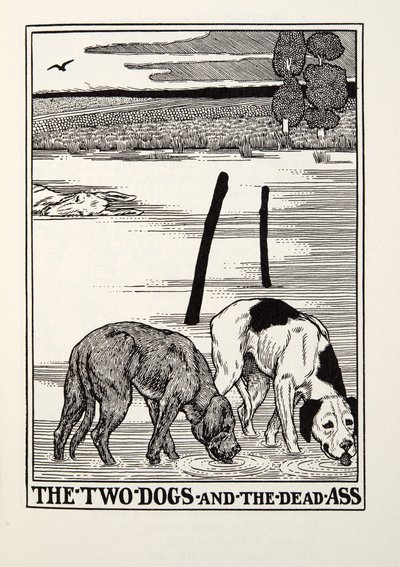 The Two Dogs and the Dead Ass, fra Fontaine Fables, pub. 1905 av Percy J. Billingshurst