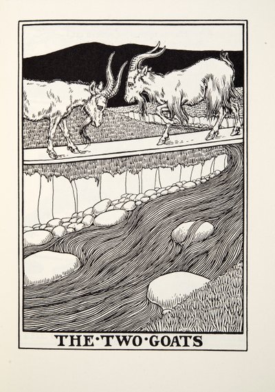 The Two Goats, fra Fontaine Fables, pub. 1905 av Percy J. Billingshurst
