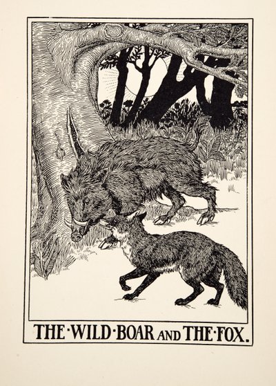 The Wild Boar and the Fox, fra A Hundred Fables of Aesop, pub.1903 (gravering) av Percy J. Billingshurst