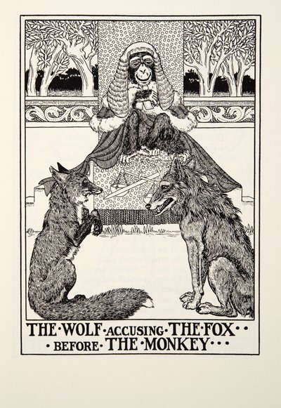 The Wolf Anklager The Fox before the Monkey, fra Fontaine Fables, pub. 1905 av Percy J. Billingshurst