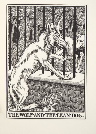 The Wolf and the Lean Dog, fra Fontaine Fables, pub. 1905 (gravering) av Percy J. Billingshurst