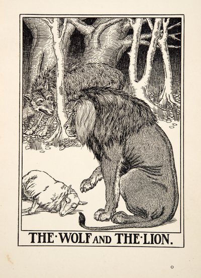 The Wolf and the Lion, fra A Hundred Fables of Aesop, pub.1903 (gravering) av Percy J. Billingshurst