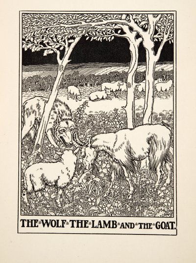 The Wolf, the Lamb and the Goat, fra A Hundred Fables of Aesop, pub.1903 (gravering) av Percy J. Billingshurst