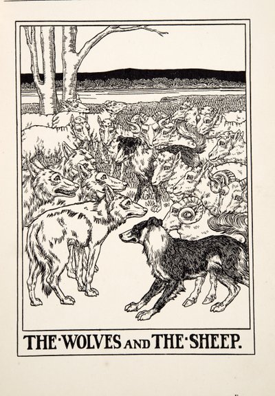 The Wolves and the Sheep, fra A Hundred Fables of Aesop, pub.1903 (gravering) av Percy J. Billingshurst