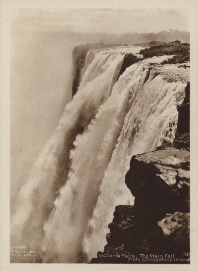 Victoria Falls, The Main Fall fra Livingstone Island (s/hvitt bilde) av Percy M. Clark