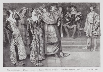 Danser: Kardinalene fra Narbonne og Saint Severin danser en Pavanne før Ludvig XII i Milano av Percy Macquoid