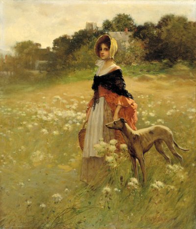 Ung jente og hund, 1890. av Percy Moran