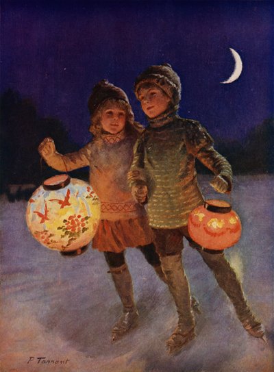 Gutt og jente på skøyter med eventyrlykter om natten (farge litho) av Percy Tarrant