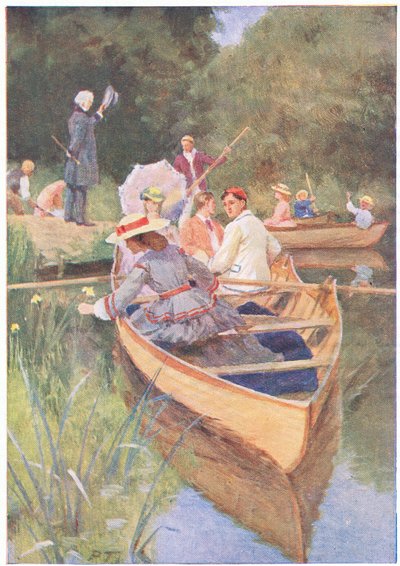 Laurie og Jo rodde én båt, fra Little Women utgitt av Associated Newspapers Limited, ca. 1940 (farge litho) av Percy Tarrant