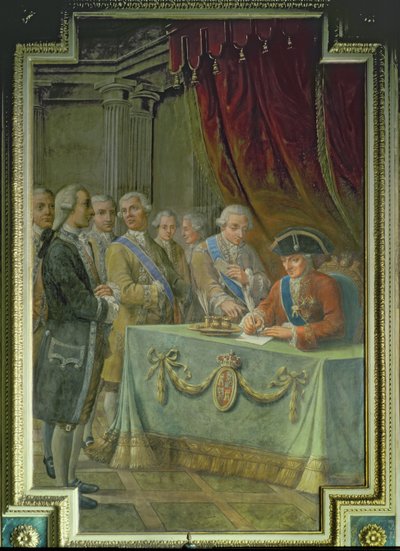 Charles III (1716-88) signerer dekretet som tillater handel med Asia og Filippinene av Pere Pau Muntanya