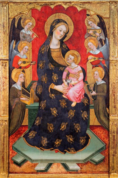 Madonna and Child with Musician Angels - Madonna with Angels Playing Music - Maleri av Pere (Pedro) Serra (aktiv ca. 1357-1406), ca 1380 - Tempera på panel - Museu Nacional d'Art de Catalunya, Barcelona av Pere Serra