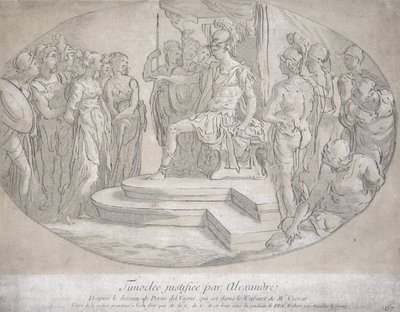 Alexandre et Timoclee, gravert av Nicolas Lesueur (1691-1764) (litho) av Perino del Vaga