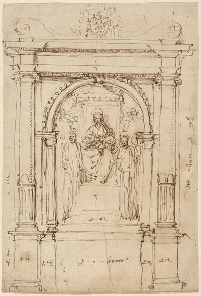 Altertavle av Madonna og barnet med helgener, i sin arkitektoniske setting av Perino del (1501-47) Vaga