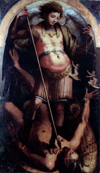 St Michael, sentralpanel (olje på tre, ca. 1535) av Perino del Vaga