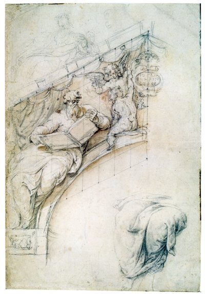 Dekor av en vegg over en inngangsbue med en profet og to Puttos, c1525 av Perino del Vaga