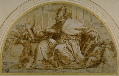 Sittende kirkefar (Saint Augustine?) med Putti av Perino del Vaga