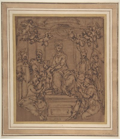 Jomfru og barn på tronen med Saint Anthony Abbed, Saint Peter, Saint Paul..., 1522-23. av Perino del Vaga