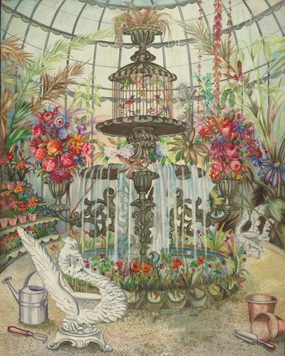 Conservatory Fountain, c. 1938.    1164844   no       norwegian Successfully Translated  Original: Keizerskroon, orchidee en lelietjes-van-dalen Florilegium (series title) Translat: Keizerskroon, orchidee en lelietjes-van-dalen Florilegium (series title) 1 av Perkins Harnly