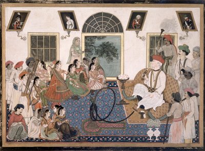 En europeer, sannsynligvis Sir David Ochterlony (1758-1825), i indisk kjole, røykte vannpipe og så på en nautch i huset sitt i Delhi, ca. 1820 (blekk og farger på papir) av Persian School