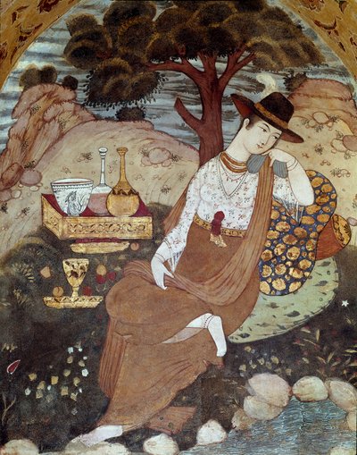 En persisk prinsesse under styret av Abbas I, hvilende 1600-tallet. Freske fra Palace of the 40 Columns (Chehel Sotoun) i Isfahan (Isfahan eller Esfahan, Isfahan), Iran. av Persian School