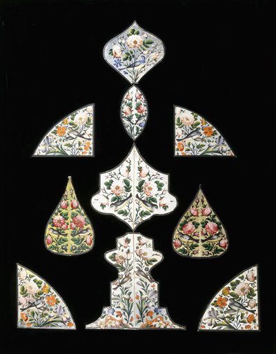 En gruppe på ti Qajar-speilmalerier, dekorert med forskjellige blomster og sittefugler, tidlig på 1800-tallet av Persian School
