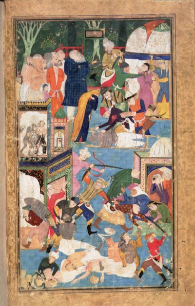 Legg til 22703 fol.52v The Sacking of Isfahan i 1387 som viser Timurs styrker som plyndrer, plyndrer og drap av Persian School