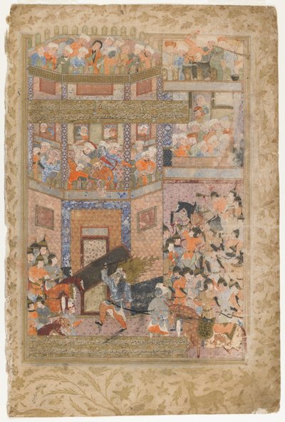 Ali løfter portene til Qamus, fra en Rawzat al-safa, 1571-72 av Persian School