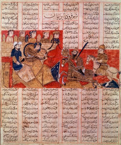 Art Iran (Persia): miniatyr av et manuskript av Shah Nqmeh, kong Bahram Gour dreper herskeren av Touranians. manuskript fra 1341. Privat samling. av Persian School