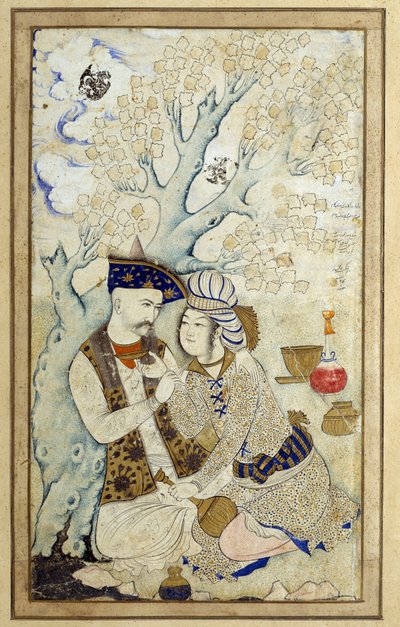 Art Islam: Portrett av Shah Abbas I som omfavner en av sidene hans. Persisk tegning av 1672. Mål: 0,16 x 0,27m. Paris, Musée du Louvre av Persian School