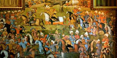Slaget ved Taher-Abad eller slaget ved Merv med seier til Shah Ismail I over Muhammad Shaybani Khan, mottakshallen, Chehel Sotun, 1647 av Persian School
