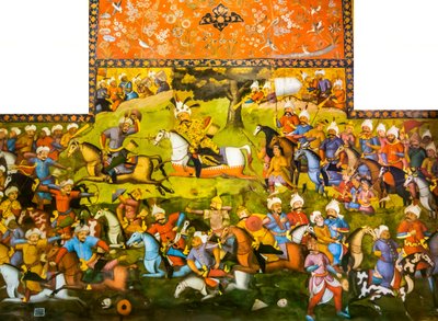Slaget ved Taher-Abad eller slaget ved Merv med seier til Shah Ismail I over Muhammad Shaybani Khan, mottakshallen, Chehel Sotun, 1647 av Persian School