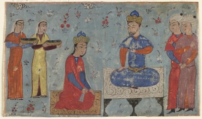 Folio fra en Shahnama (Kongenes bok) av Firdawsi (d.1020); recto: Sindukht Before Sam, Iran (ugjennomsiktig akvarell, blekk og gull på papir) av Persian School