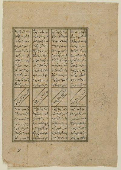 Folio fra en Shahnama (Kongenes bok) av Firdawsi (d.1020); recto: Kampen mellom Kay Khosrow og Afrasiyab og Afrasiyabs retrett; verso: tekst fra historien om Kay Khusraw, løsrevet manuskript f av Persian School