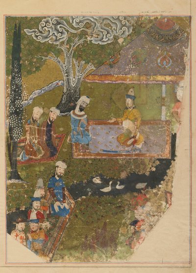 Folio fra en Zafarnama; verso: Timur gir et publikum i anledning av hans tiltredelse til tronen i Balkh, Shiraz, Iran, Timurid-perioden (ugjennomsiktig akvarell, blekk og gull på papir) av Persian School