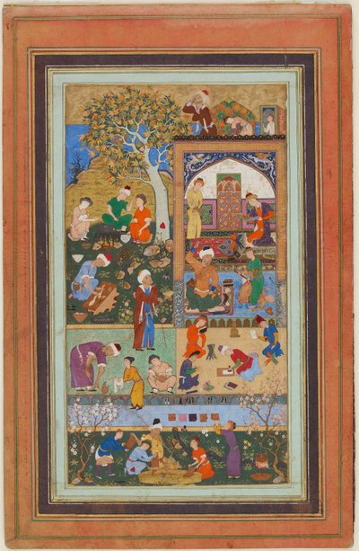 Folio fra et album; A School Scene, Tabriz, Iran, Safavid-perioden, ca. 1540 (ugjennomsiktig akvarell, blekk og gull på papir) av Persian School