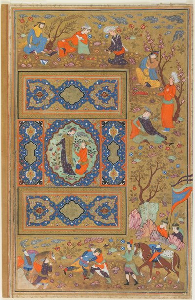 Folio fra et album; verso: Et par elskere, Isfahan, Iran, Safavid-perioden, 1590-1610 (ugjennomsiktig akvarell, blekk og gull på papir) av Persian School