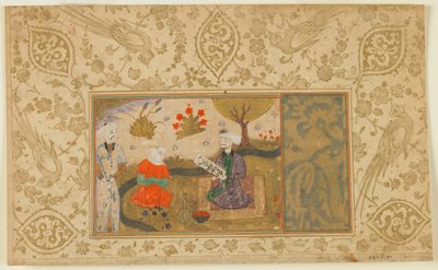 Folio fra en uidentifisert tekst; En kvinne snakker med en sittende mann ved en bekk, Iran, ca. 1500 (ugjennomsiktig akvarell, blekk og gull på papir) av Persian School