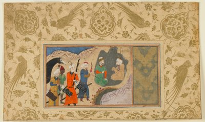 Folio fra en uidentifisert tekst; Iskandar (?) besøker en eremitt, Iran, ca. 1500 (ugjennomsiktig akvarell, blekk og gull på papir) av Persian School
