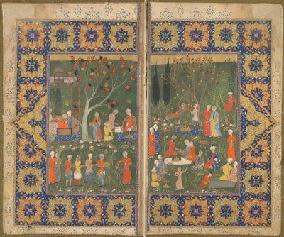 Folio fra en uidentifisert tekst; verso: En fest i en hage, Shiraz, Iran, ca. 1570 (ugjennomsiktig akvarell, blekk og gull på papir) av Persian School