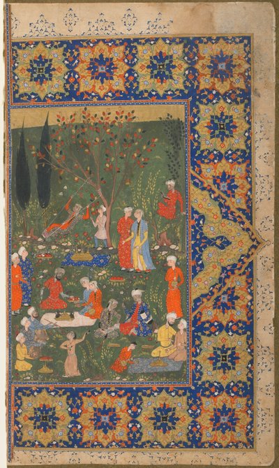 Folio fra en uidentifisert tekst; verso: En fest i en hage, Shiraz, Iran, ca. 1570 (ugjennomsiktig akvarell, blekk og gull på papir) av Persian School
