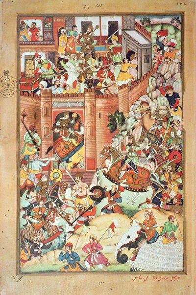 Genghis Khan fanger en kinesisk by, miniatyr fra 'Persian History of Genghis Khan' fullført i 1596 av Persian School