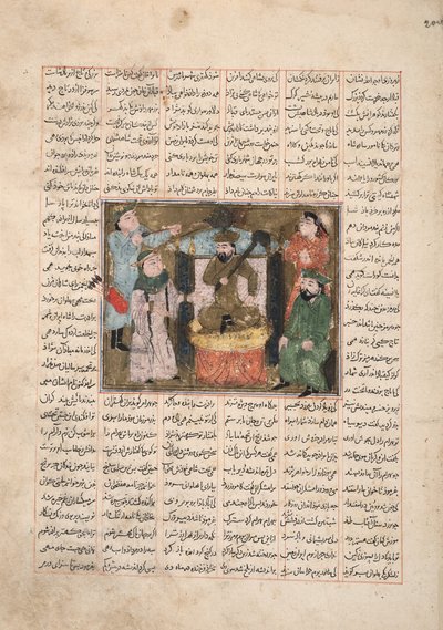 Gordiyeh råder broren Bahram Chubineh til ikke å strebe etter den persiske tronen, ca. 1330 (ugjennomsiktig wc, gull og blekk på papir) av Persian School