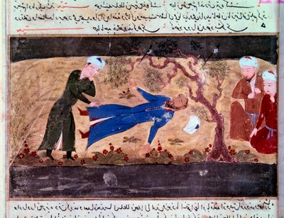 Mongolenes historie: Muhammad hwarazmshahs død. Manuskript ""Sum of Stories (Djame al-tavarikh) (Djame al-tavarikh)" (Folio 60v) av Rachid al-Din Fazl-ollah (Fazl ollah) Hamadani av Persian School