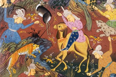 Jegere montert og til fots dreper hjort og tiger (ugjennomsiktig akvarell på papir) (detalj av 272916) av Persian School