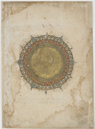 Opplyst medaljong med to dekorative kanter, folio fra en uidentifisert tekst, Iran, 1200-1300-tallet (ugjennomsiktig akvarell og gull på papir) av Persian School