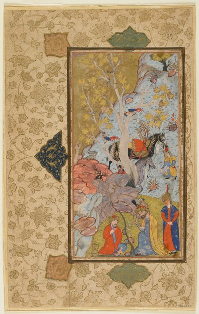 Iskandar besøker en eremitt, Shiraz, Iran, ca. 1580-1600 (ugjennomsiktig akvarell, blekk og gull på papir) av Persian School