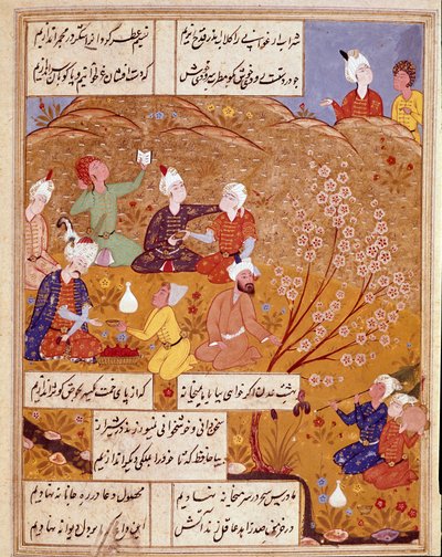 Islamsk kunst: "" Kongens mellommåltid til landet"" Miniatyr som illustrerer diktene til den persiske poeten Hafez (Hafiz Shirazi), persisk manuskript. 1554 San Lorenzo de El Escorial, Royal Library of the Monastery of El Escorial, Madrid av Persian School